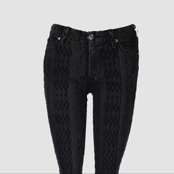 7 All Mankind Goth Victorian Print Black Skinny Jean 25 Low Rise Brocade Stretch - Picture 4 of 10